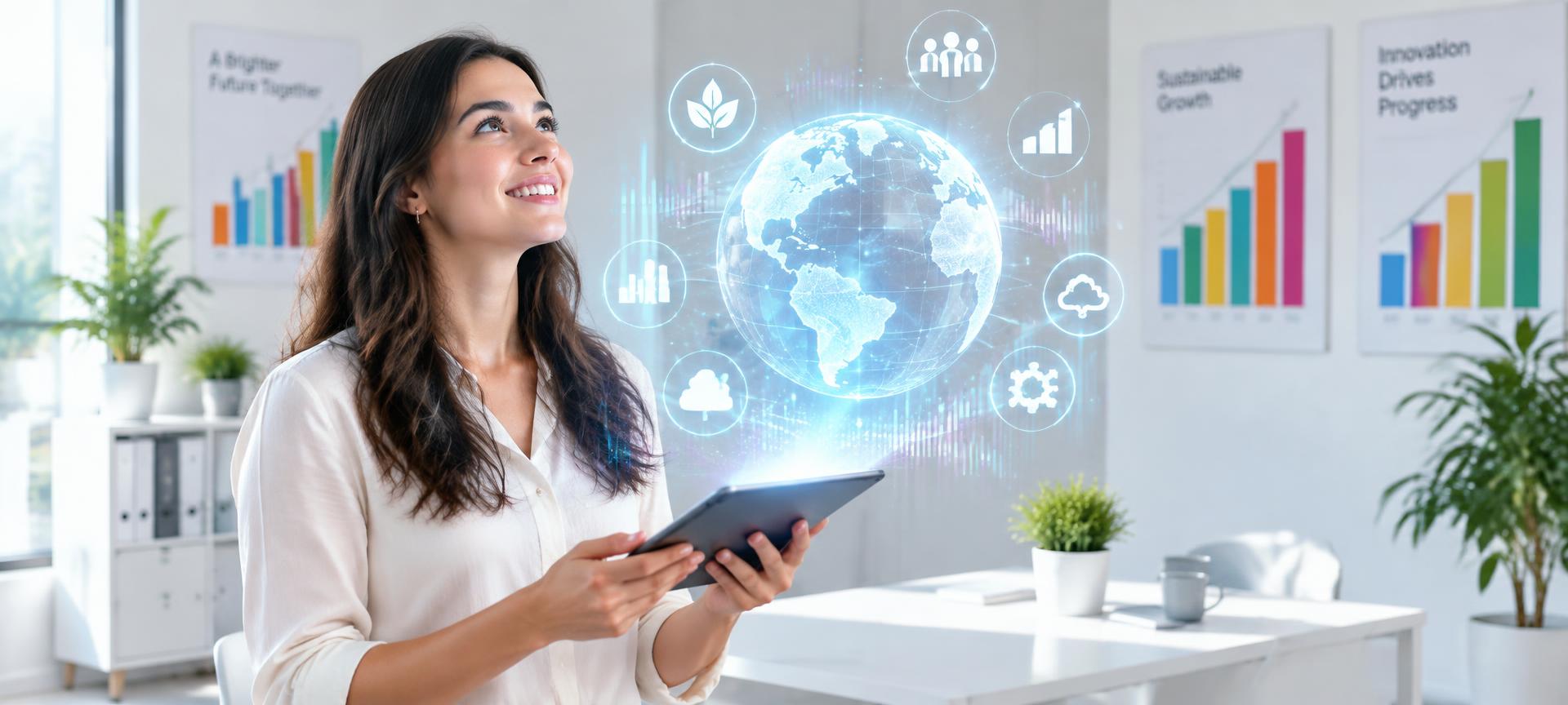 Woman holding a tablet with floating AI icons